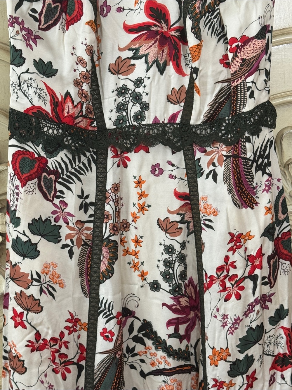 by Anthropologie Floral Lace-Trim Midi Dress in White with Red & Pink Blooms S-8 - Picture 5 of 16